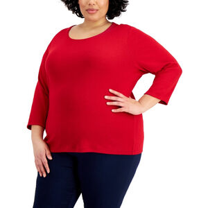 Karen Scott Plus Size 1X Red 100% Cotton 3/4 Sleeve Scoop-Neck Top NWT